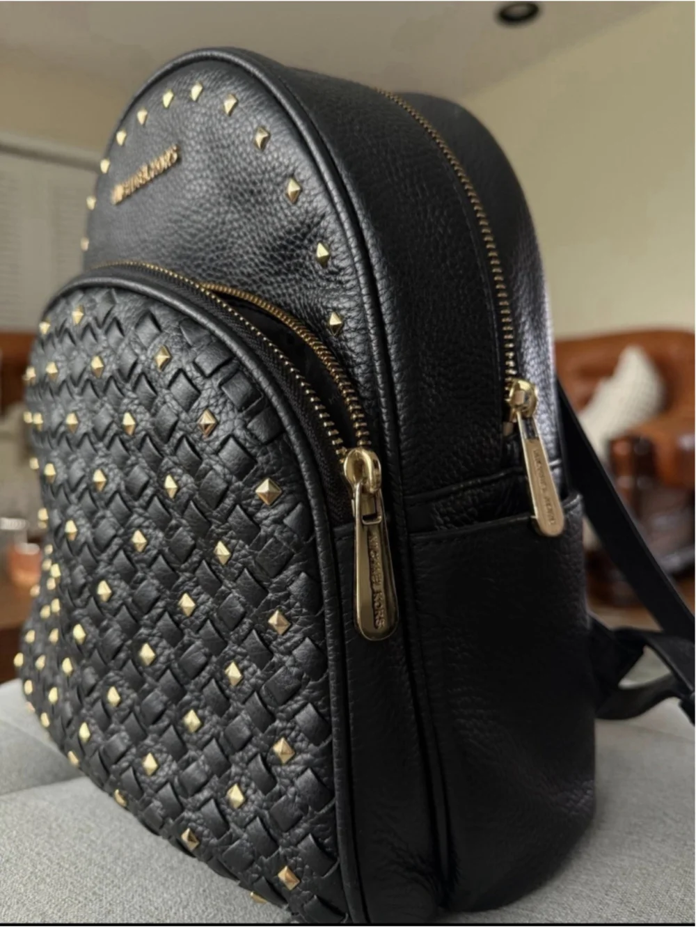 Michael Kors Abbey Medium Studded Pebbled Leather Backpack Black EUC